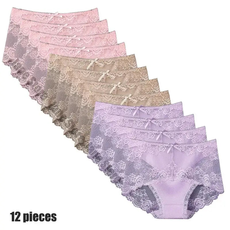 12-Piece Set Women’s Sexy Lace Panties - Comfortable, Breathable, Low-Rise Briefs
