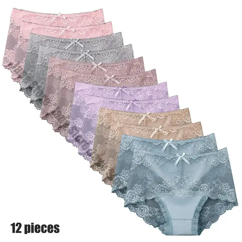 12-Piece Set Women’s Sexy Lace Panties - Comfortable, Breathable, Low-Rise Briefs