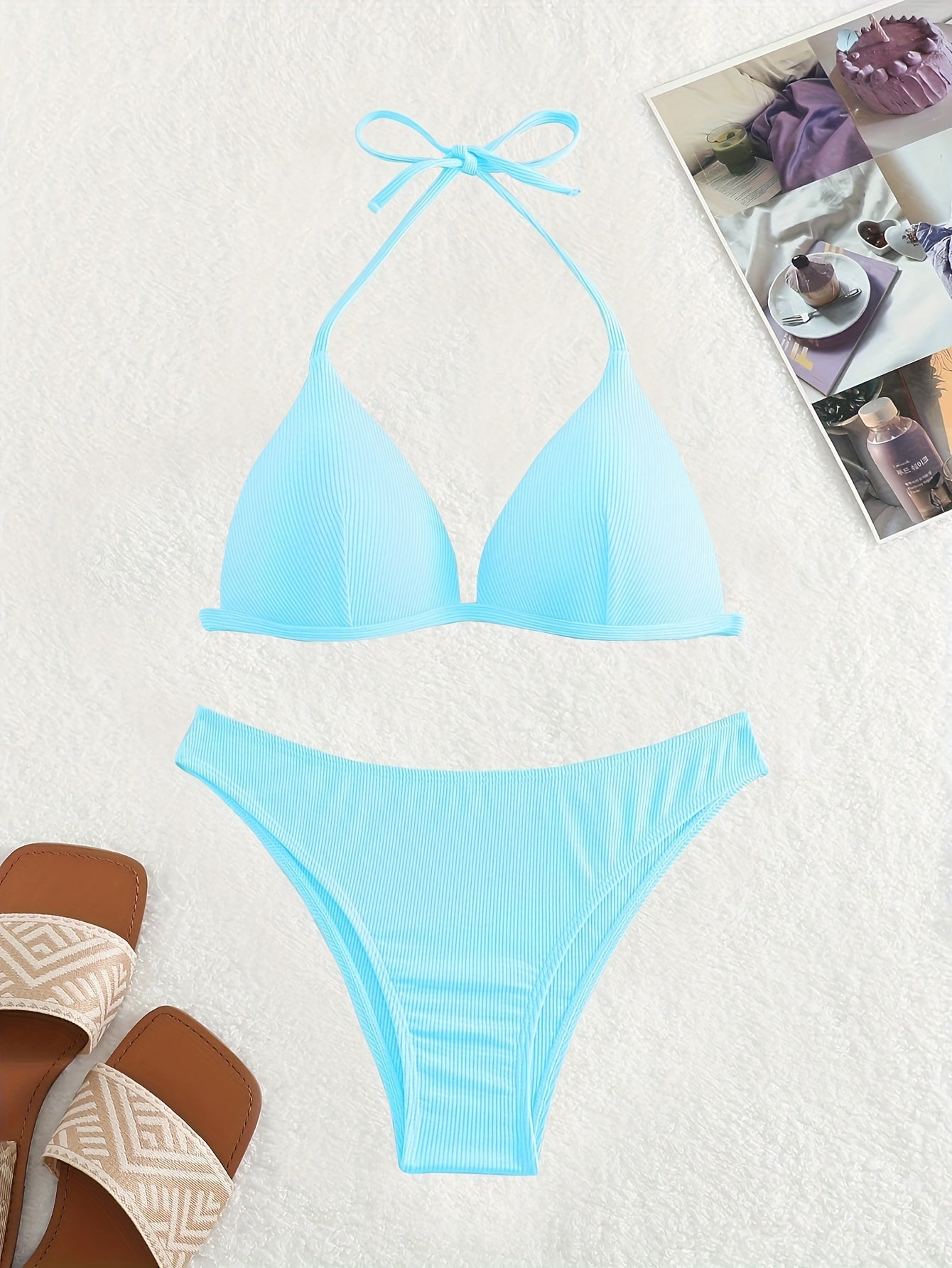 Solid Color Rib Knit 2 Piece Set Bikini, Triangle Halter Tie Back Stretchy Swimsuits, Women's Swimwear & Clothing