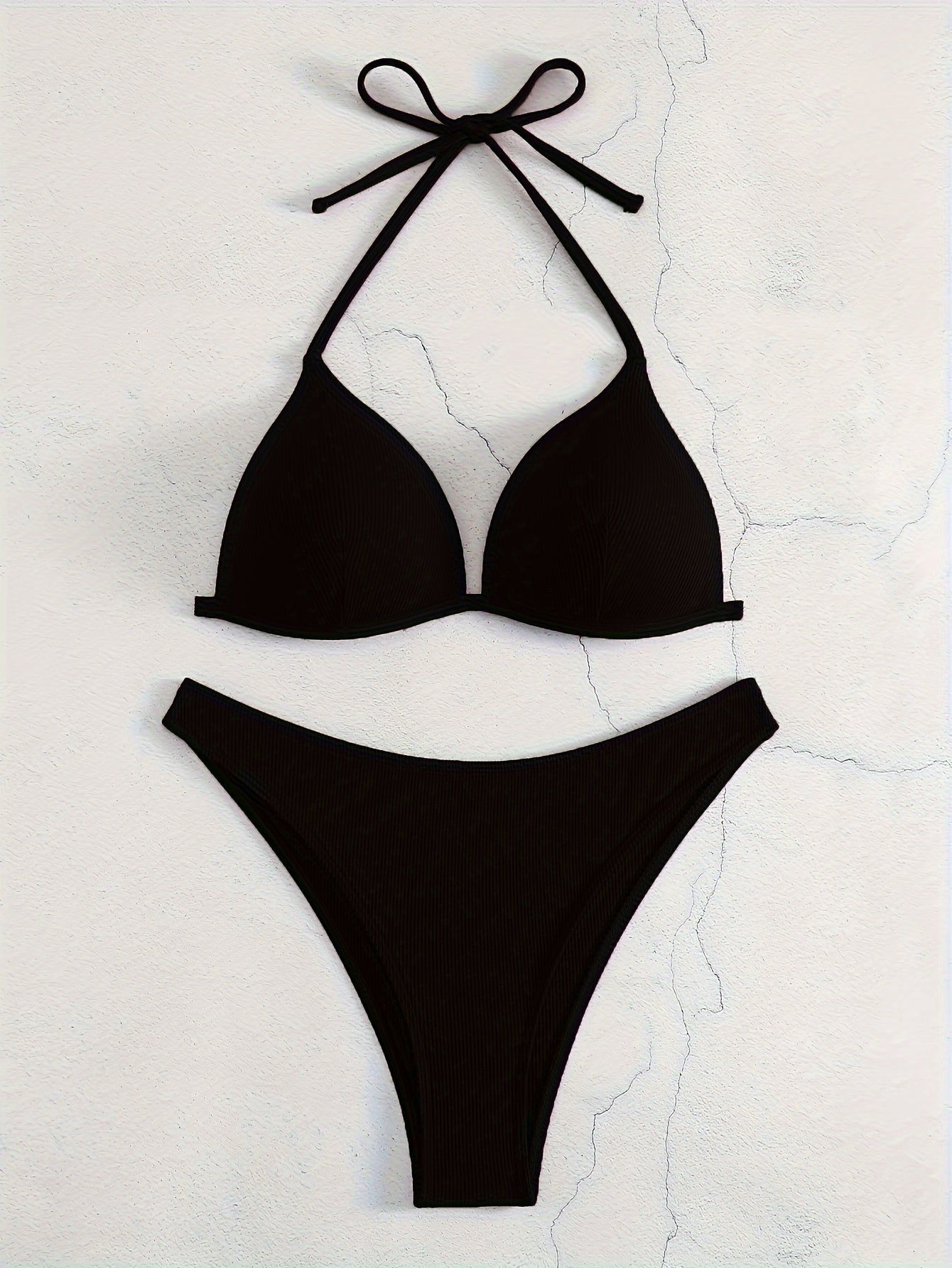 Solid Color Rib Knit 2 Piece Set Bikini, Triangle Halter Tie Back Stretchy Swimsuits, Women's Swimwear & Clothing
