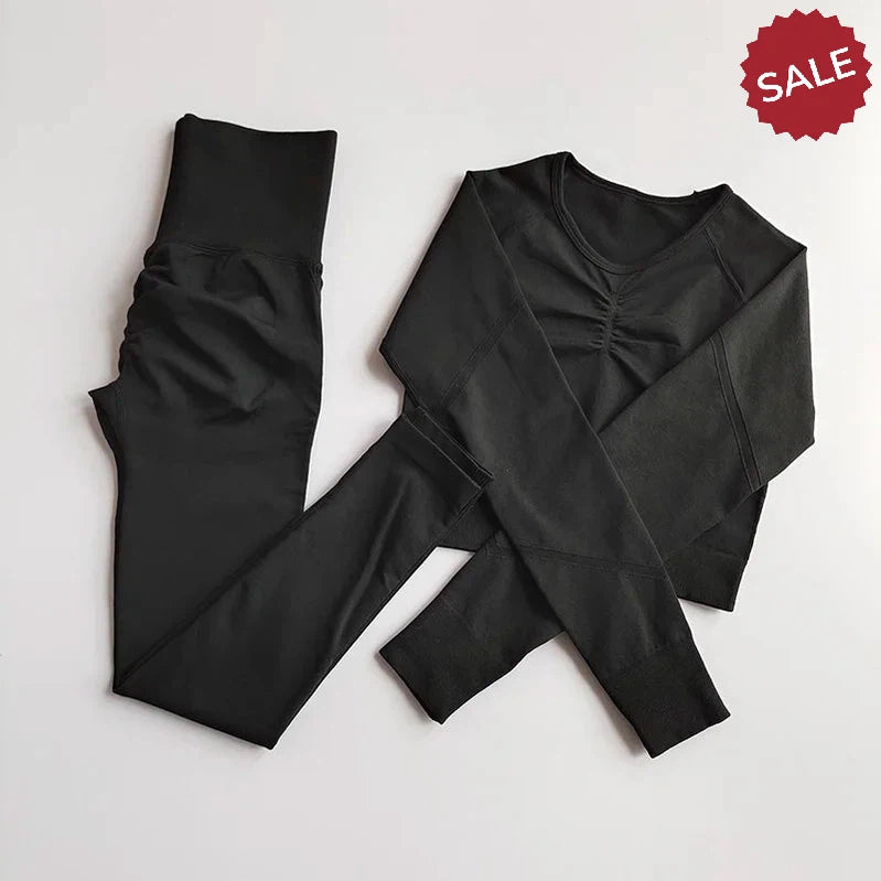 2-Piece Women’s Seamless Yoga Set: Long Sleeve Crop Top & High-Waist Leggings