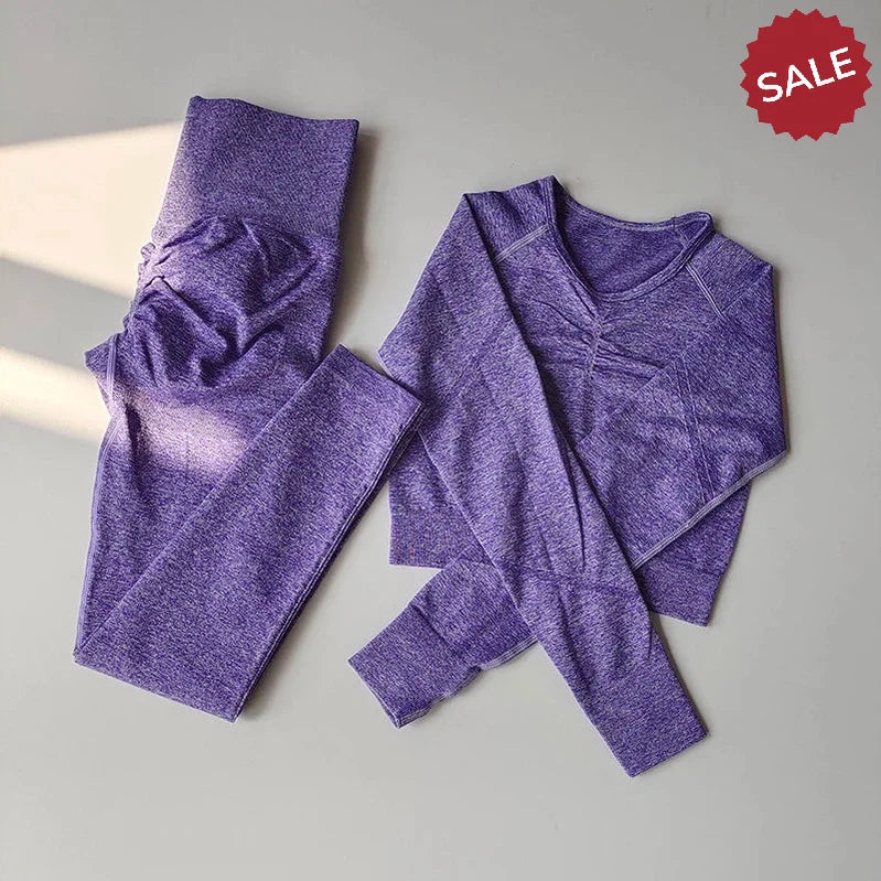 2-Piece Women’s Seamless Yoga Set: Long Sleeve Crop Top & High-Waist Leggings