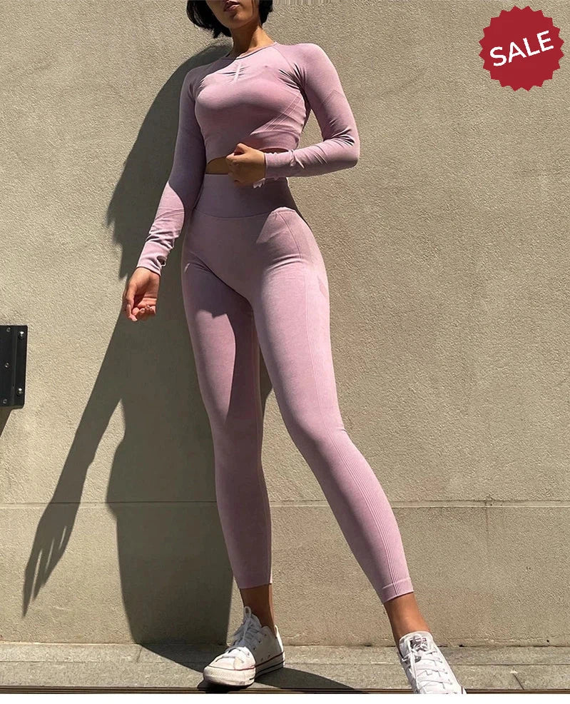 2-Piece Women’s Seamless Yoga Set: Long Sleeve Crop Top & High-Waist Leggings