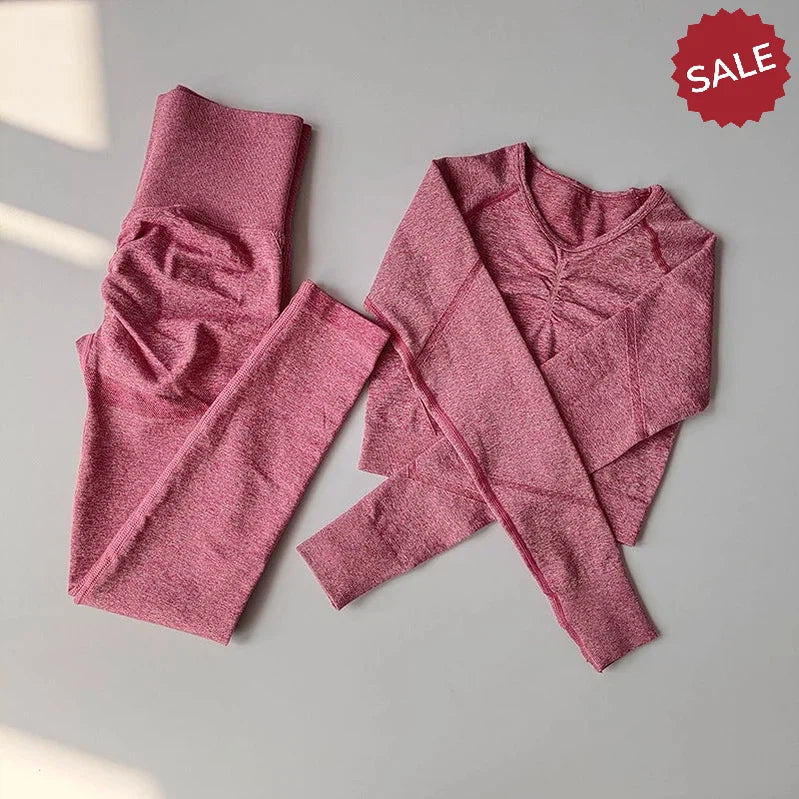 2-Piece Women’s Seamless Yoga Set: Long Sleeve Crop Top & High-Waist Leggings
