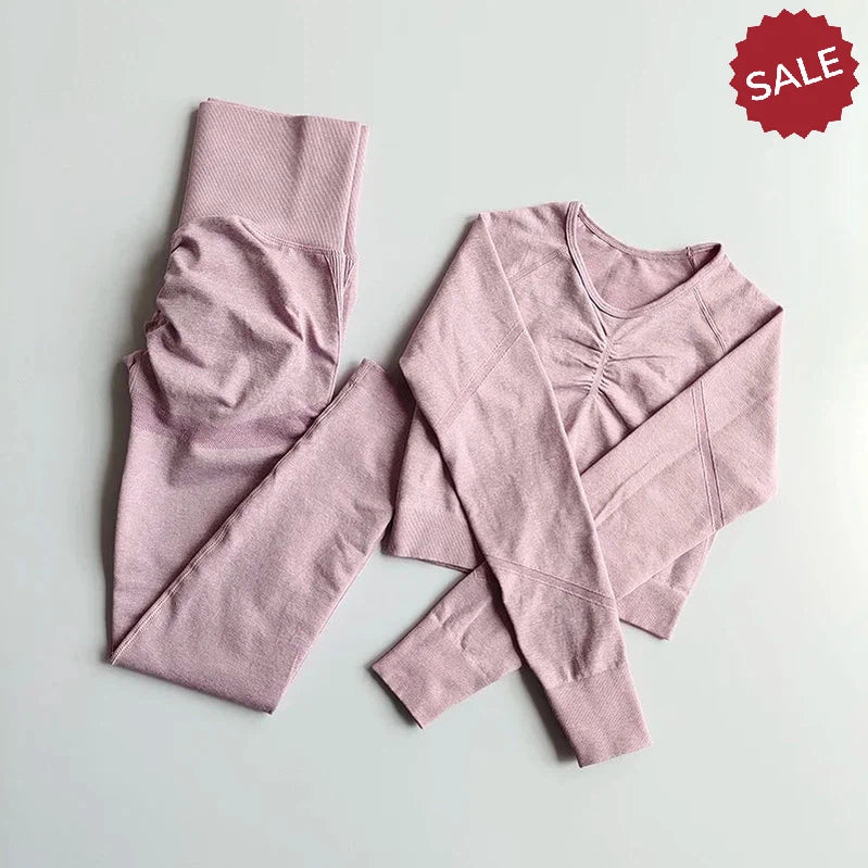 2-Piece Women’s Seamless Yoga Set: Long Sleeve Crop Top & High-Waist Leggings