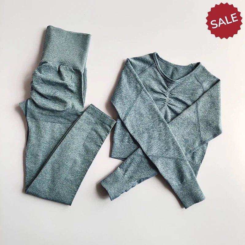 2-Piece Women’s Seamless Yoga Set: Long Sleeve Crop Top & High-Waist Leggings