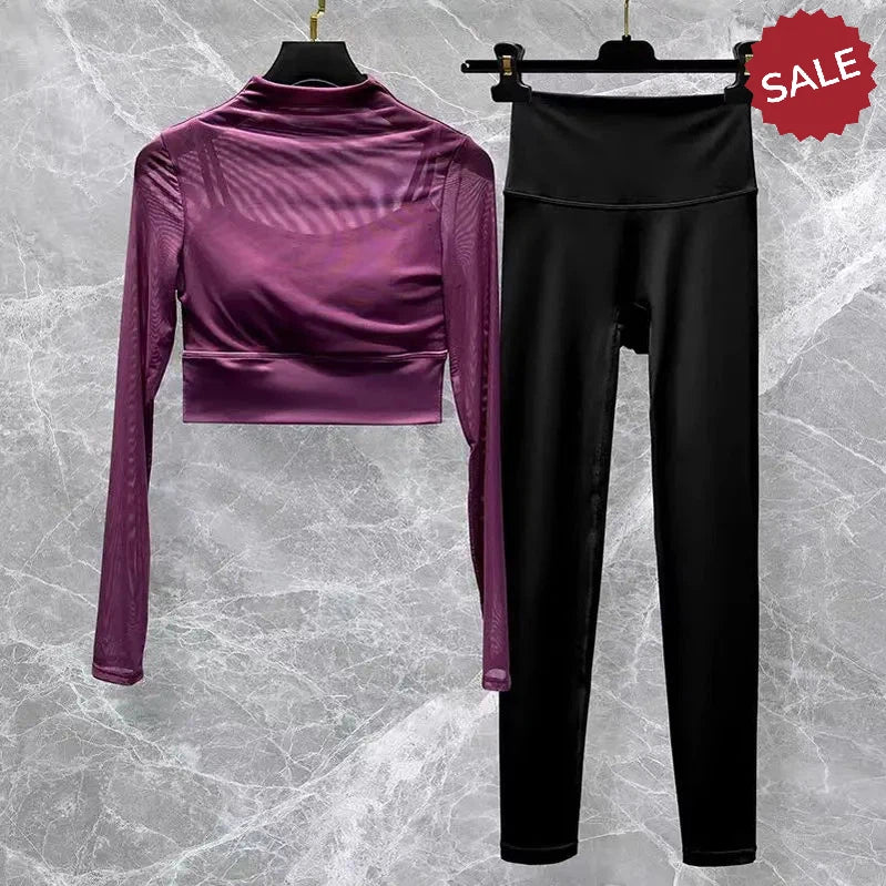 2-Piece Women’s Seamless Yoga Set: Long Sleeve Crop Top & High-Waist Leggings