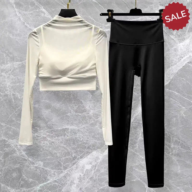 2-Piece Women’s Seamless Yoga Set: Long Sleeve Crop Top & High-Waist Leggings