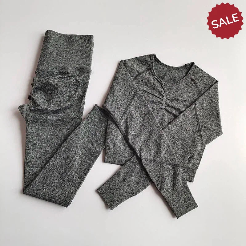 2-Piece Women’s Seamless Yoga Set: Long Sleeve Crop Top & High-Waist Leggings
