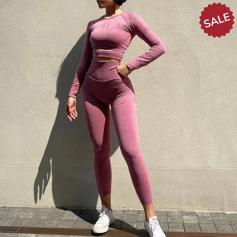 2-Piece Women’s Seamless Yoga Set: Long Sleeve Crop Top & High-Waist Leggings