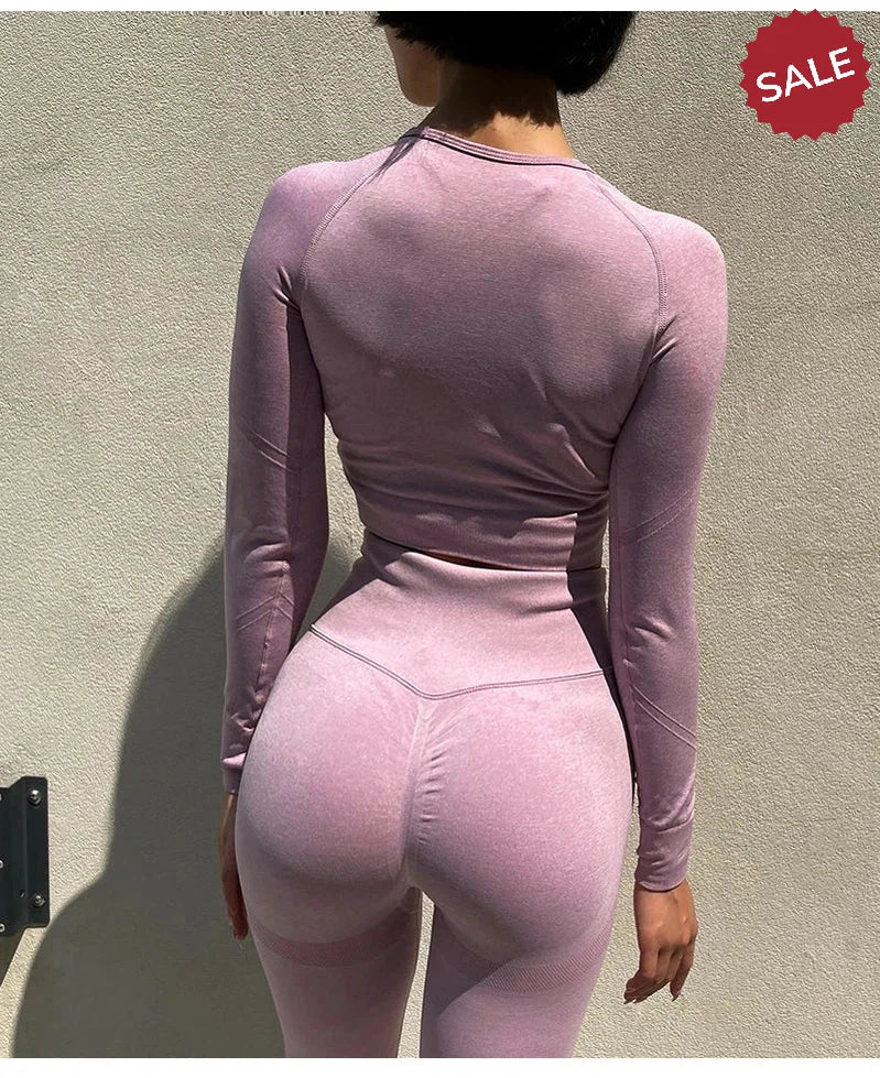 2-Piece Women’s Seamless Yoga Set: Long Sleeve Crop Top & High-Waist Leggings