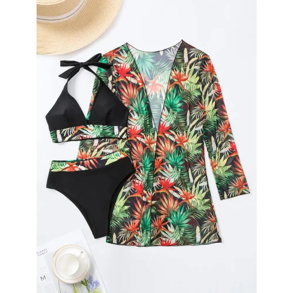 2024 Halter Print Bikini with Kimono - High Waist Floral Swimwear for Women