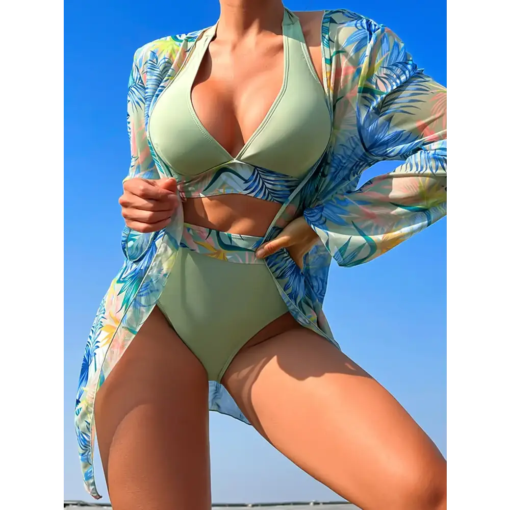 2024 Halter Print Bikini with Kimono - High Waist Floral Swimwear for Women