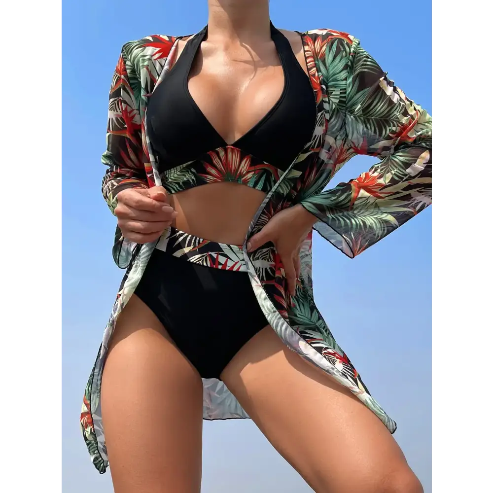 2024 Halter Print Bikini with Kimono - High Waist Floral Swimwear for Women