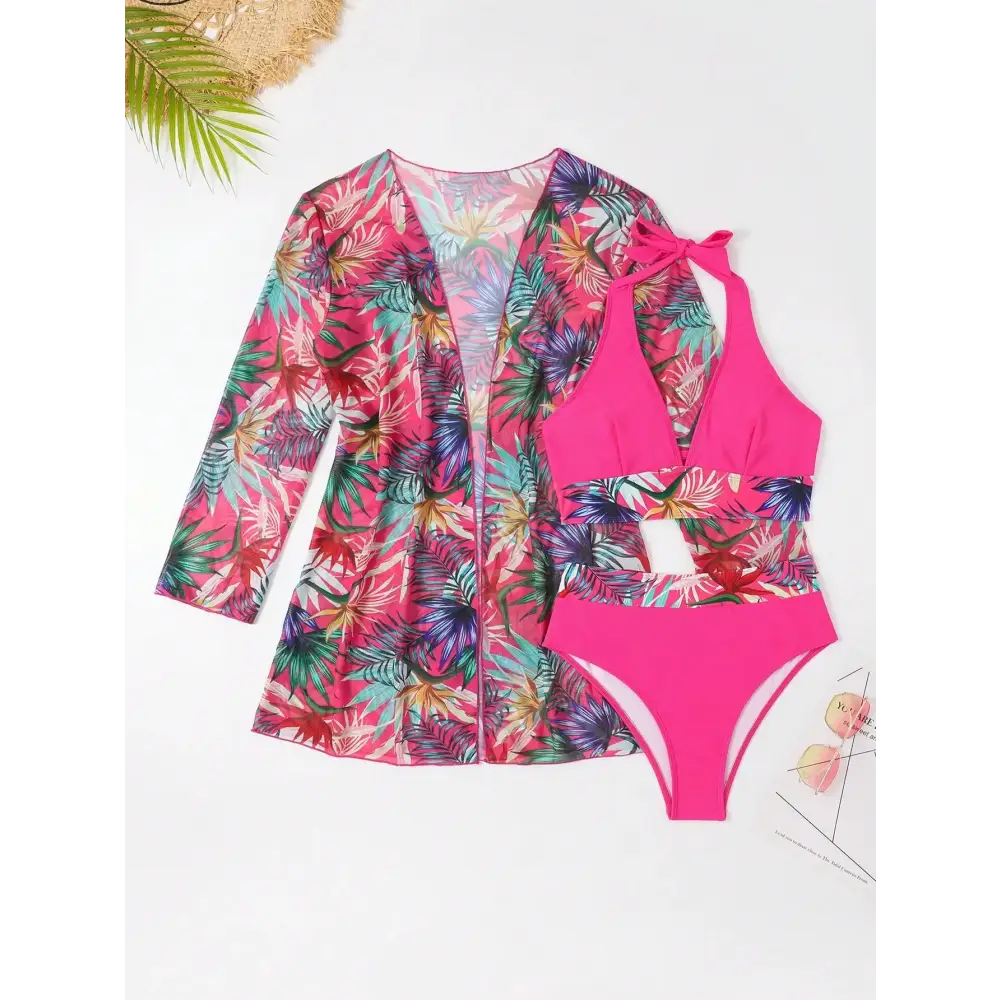 2024 Halter Print Bikini with Kimono - High Waist Floral Swimwear for Women