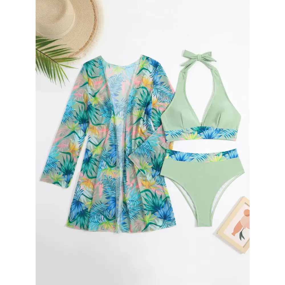 2024 Halter Print Bikini with Kimono - High Waist Floral Swimwear for Women