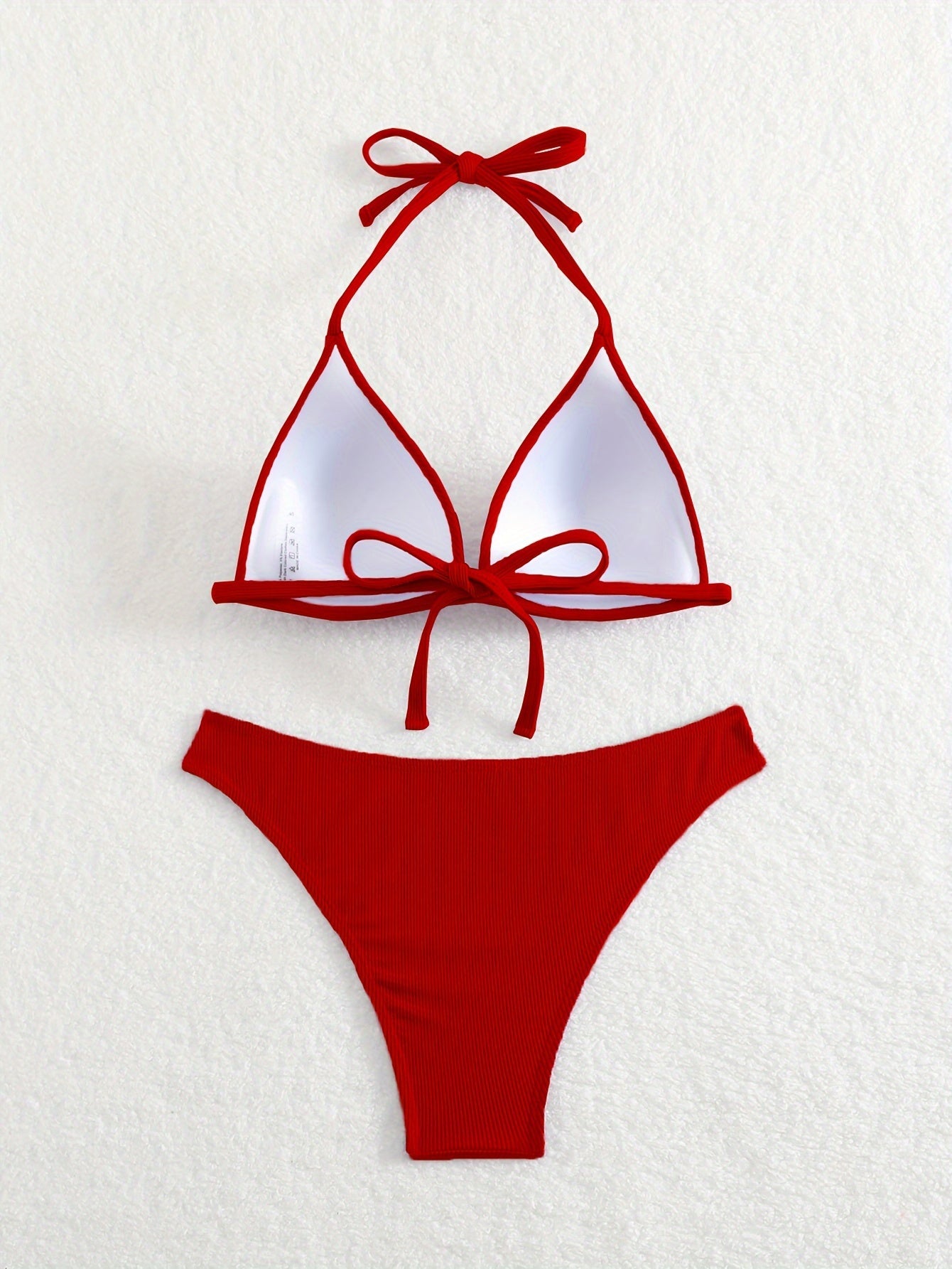 Solid Color Rib Knit 2 Piece Set Bikini, Triangle Halter Tie Back Stretchy Swimsuits, Women's Swimwear & Clothing