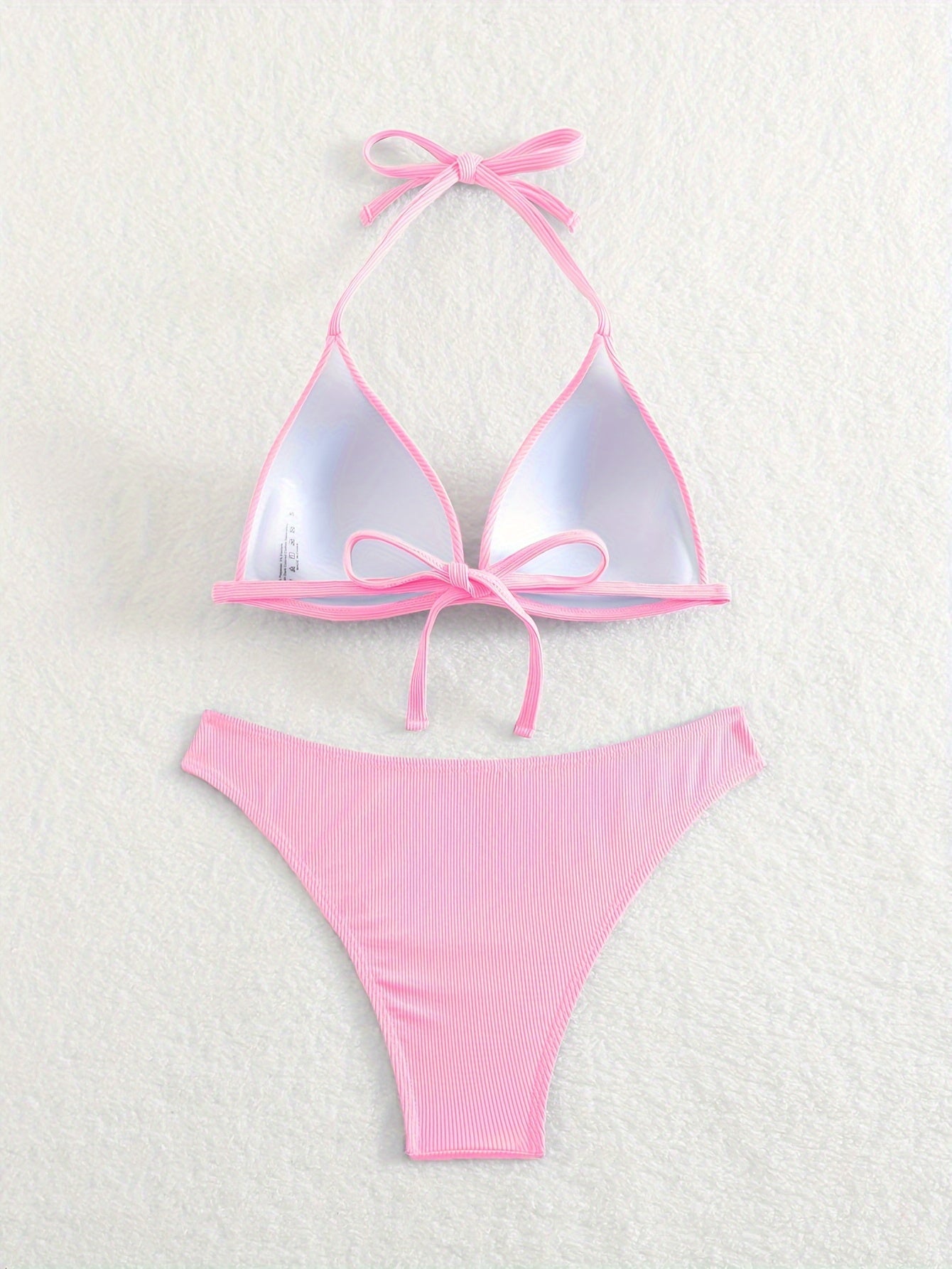 Solid Color Rib Knit 2 Piece Set Bikini, Triangle Halter Tie Back Stretchy Swimsuits, Women's Swimwear & Clothing