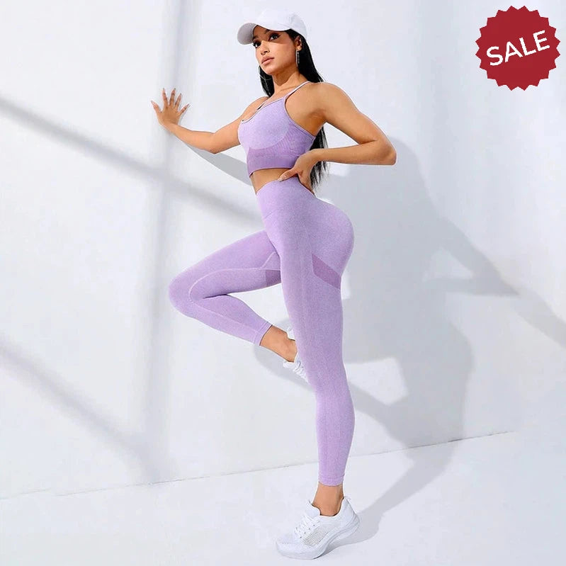 2Pcs Women's Yoga Fitness Set Seamless Breathable Activewear Sexy Sports Bra Top High-Waisted Leggings Set