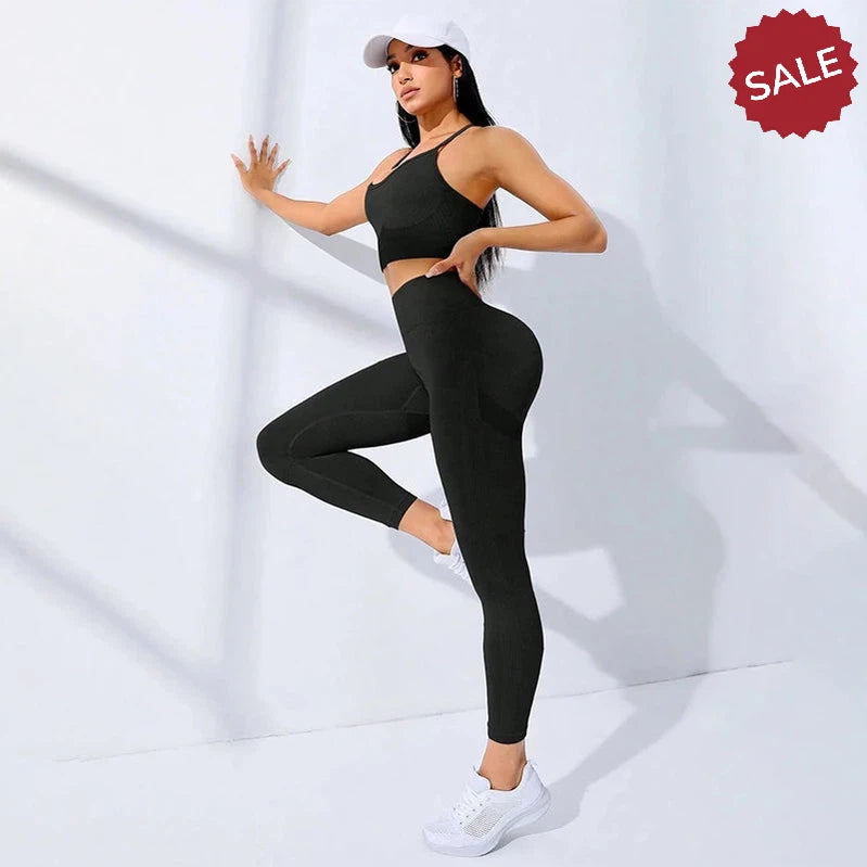 2Pcs Women's Yoga Fitness Set Seamless Breathable Activewear Sexy Sports Bra Top High-Waisted Leggings Set