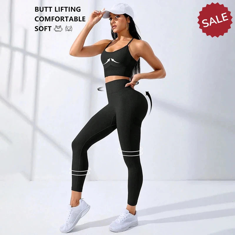 2Pcs Women's Yoga Fitness Set Seamless Breathable Activewear Sexy Sports Bra Top High-Waisted Leggings Set