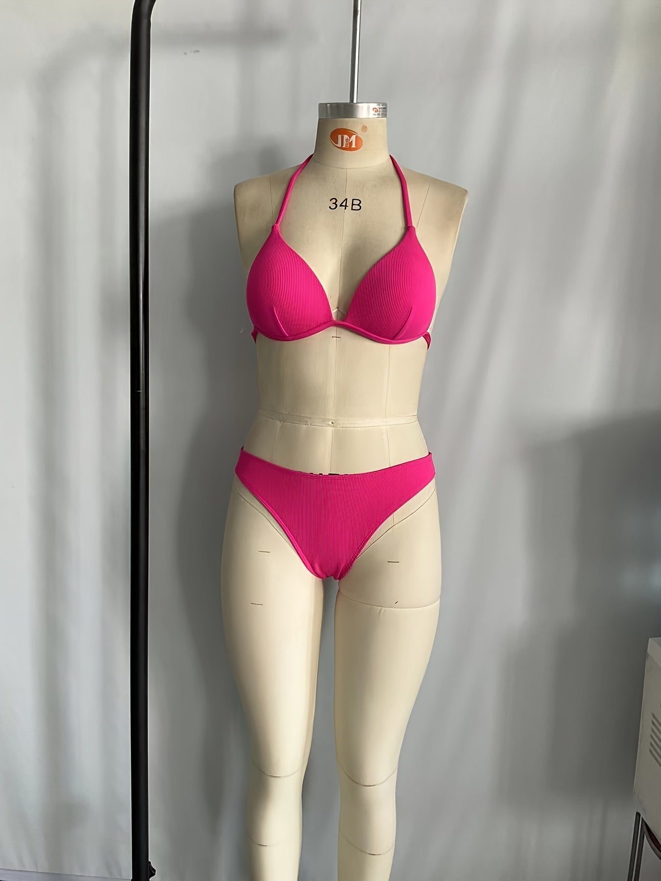 Solid Color Rib Knit 2 Piece Set Bikini, Triangle Halter Tie Back Stretchy Swimsuits, Women's Swimwear & Clothing
