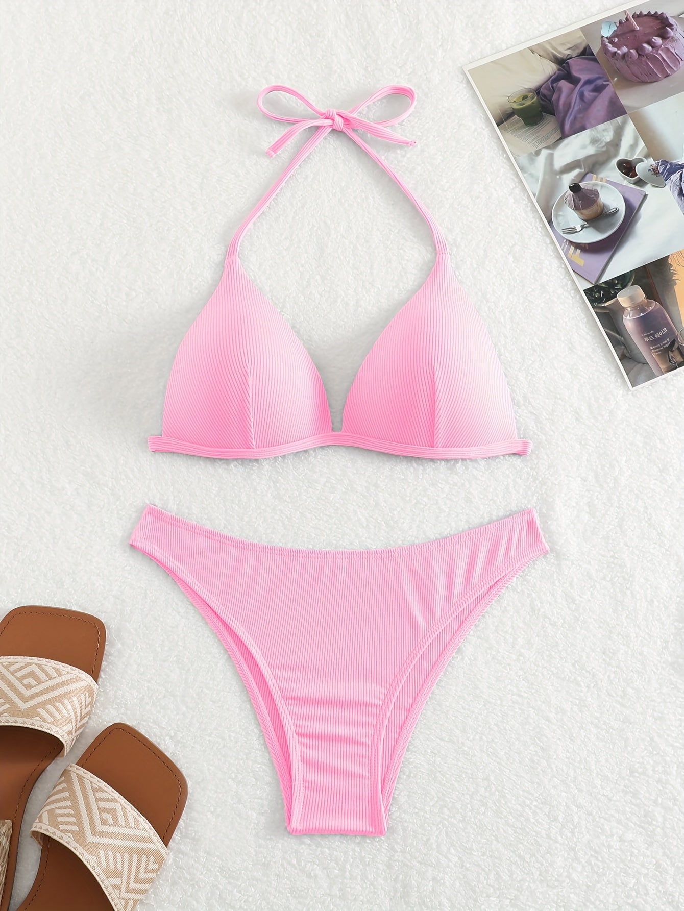 Solid Color Rib Knit 2 Piece Set Bikini, Triangle Halter Tie Back Stretchy Swimsuits, Women's Swimwear & Clothing