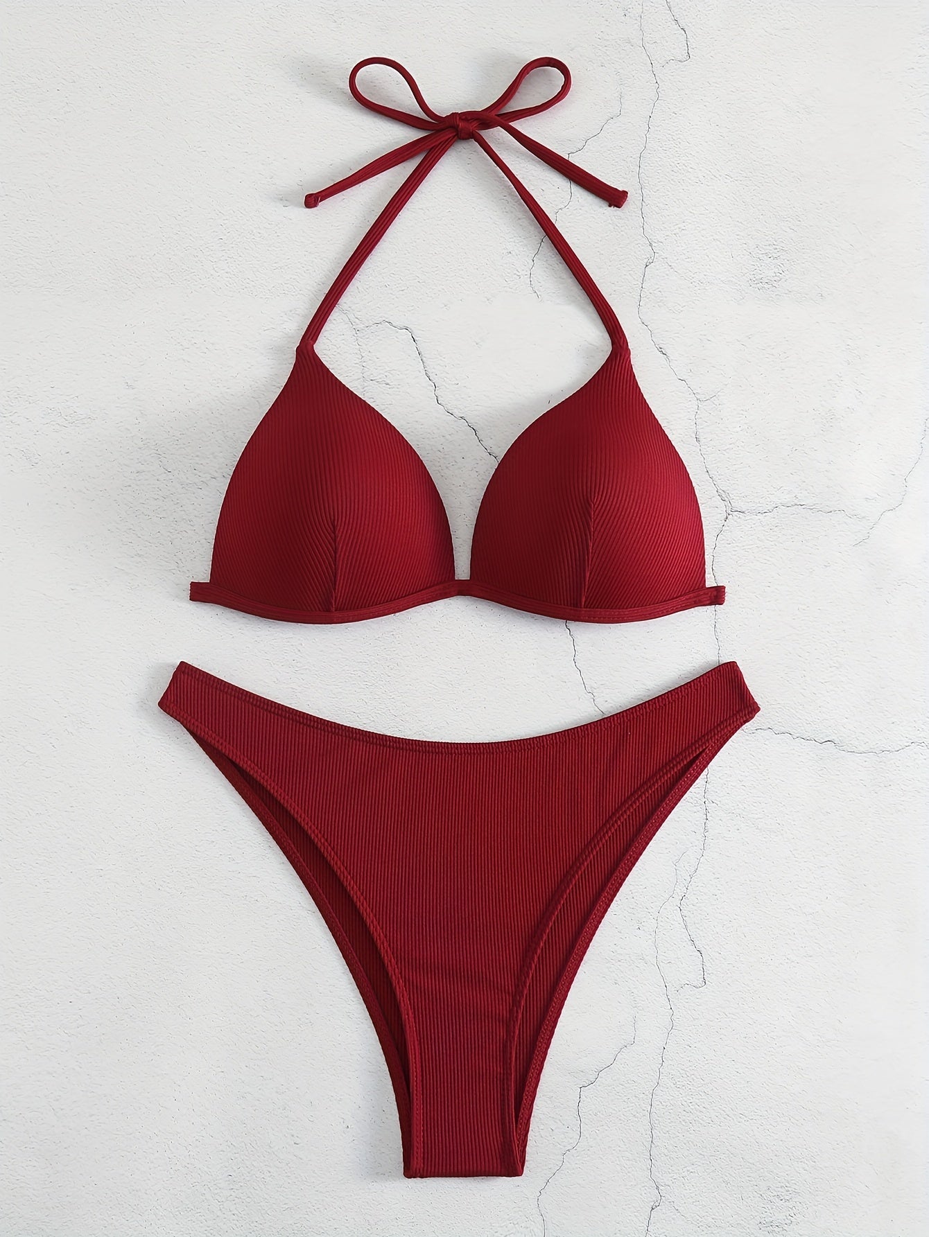 Solid Color Rib Knit 2 Piece Set Bikini, Triangle Halter Tie Back Stretchy Swimsuits, Women's Swimwear & Clothing