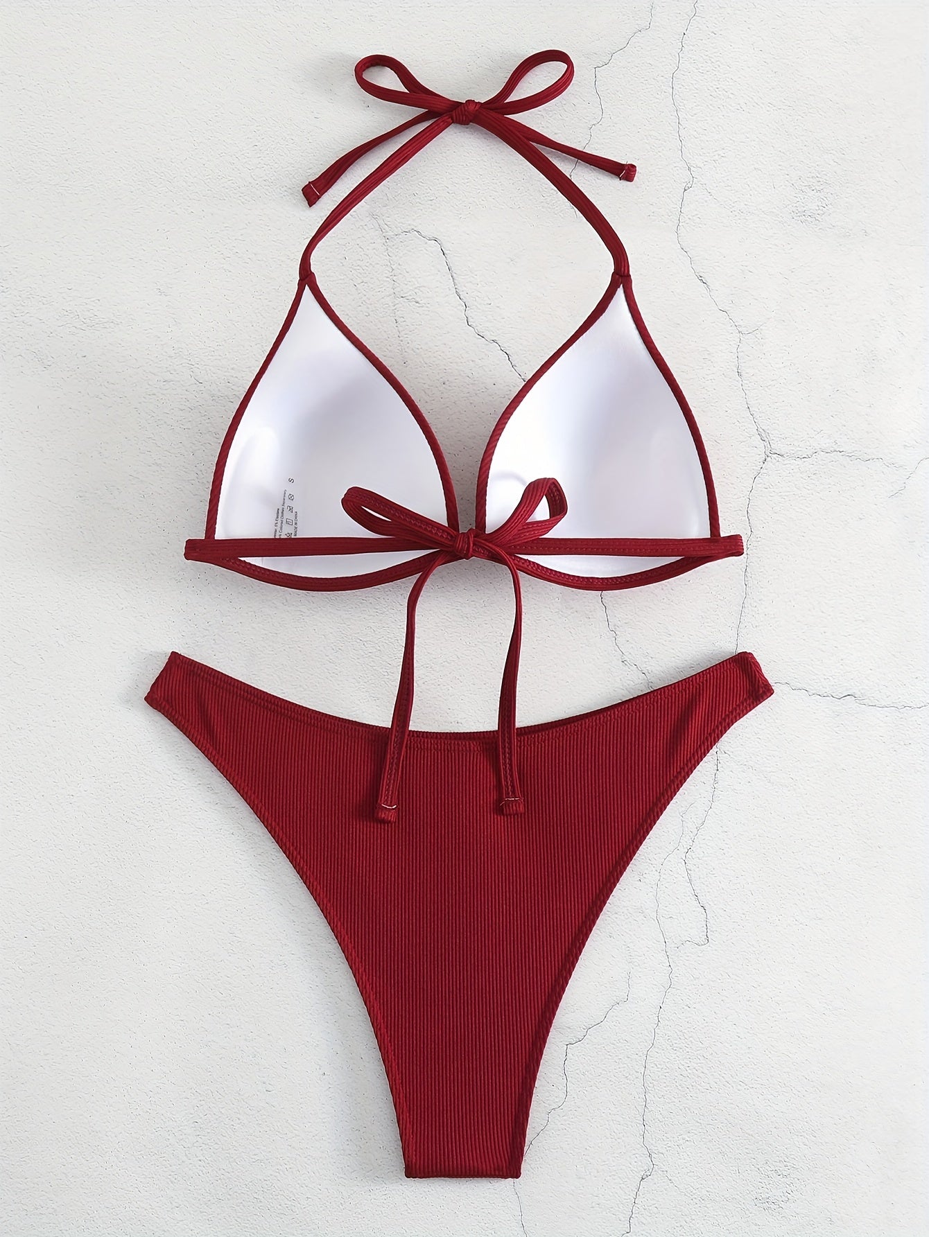 Solid Color Rib Knit 2 Piece Set Bikini, Triangle Halter Tie Back Stretchy Swimsuits, Women's Swimwear & Clothing