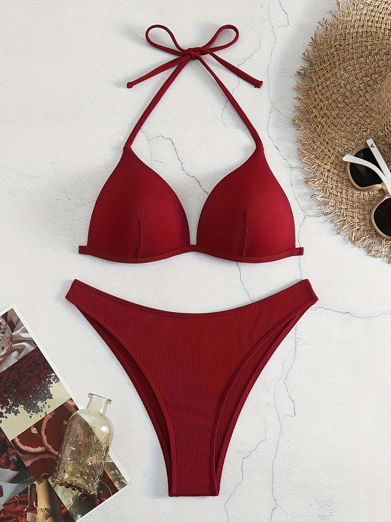Solid Color Rib Knit 2 Piece Set Bikini, Triangle Halter Tie Back Stretchy Swimsuits, Women's Swimwear & Clothing
