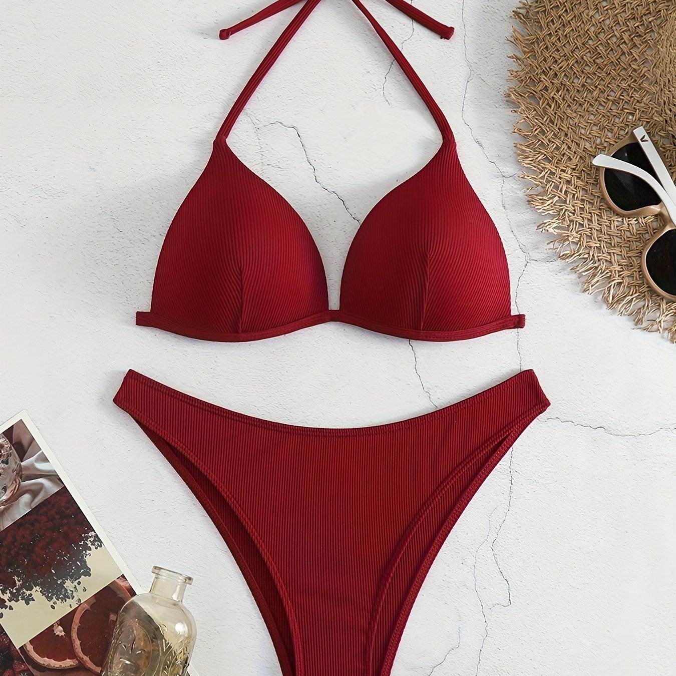 Solid Color Rib Knit 2 Piece Set Bikini, Triangle Halter Tie Back Stretchy Swimsuits, Women's Swimwear & Clothing