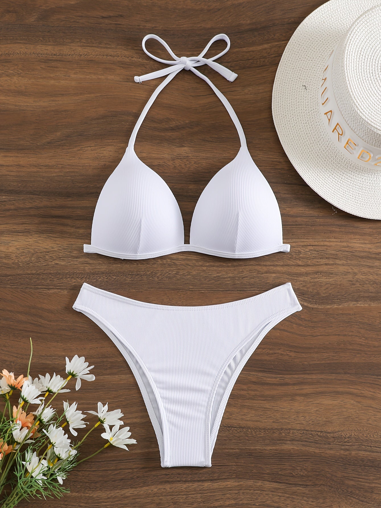 Solid Color Rib Knit 2 Piece Set Bikini, Triangle Halter Tie Back Stretchy Swimsuits, Women's Swimwear & Clothing