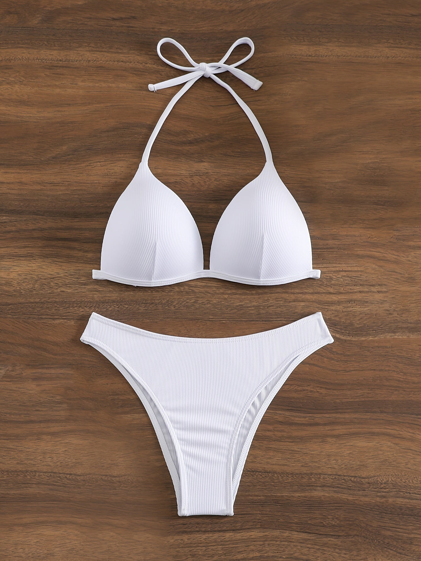 Solid Color Rib Knit 2 Piece Set Bikini, Triangle Halter Tie Back Stretchy Swimsuits, Women's Swimwear & Clothing
