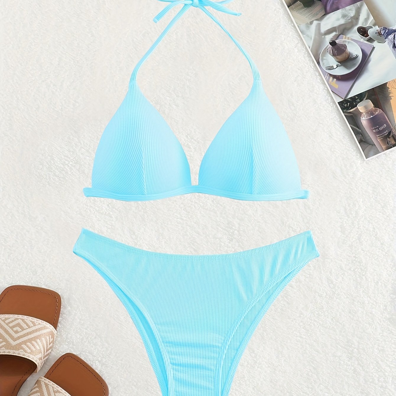Solid Color Rib Knit 2 Piece Set Bikini, Triangle Halter Tie Back Stretchy Swimsuits, Women's Swimwear & Clothing