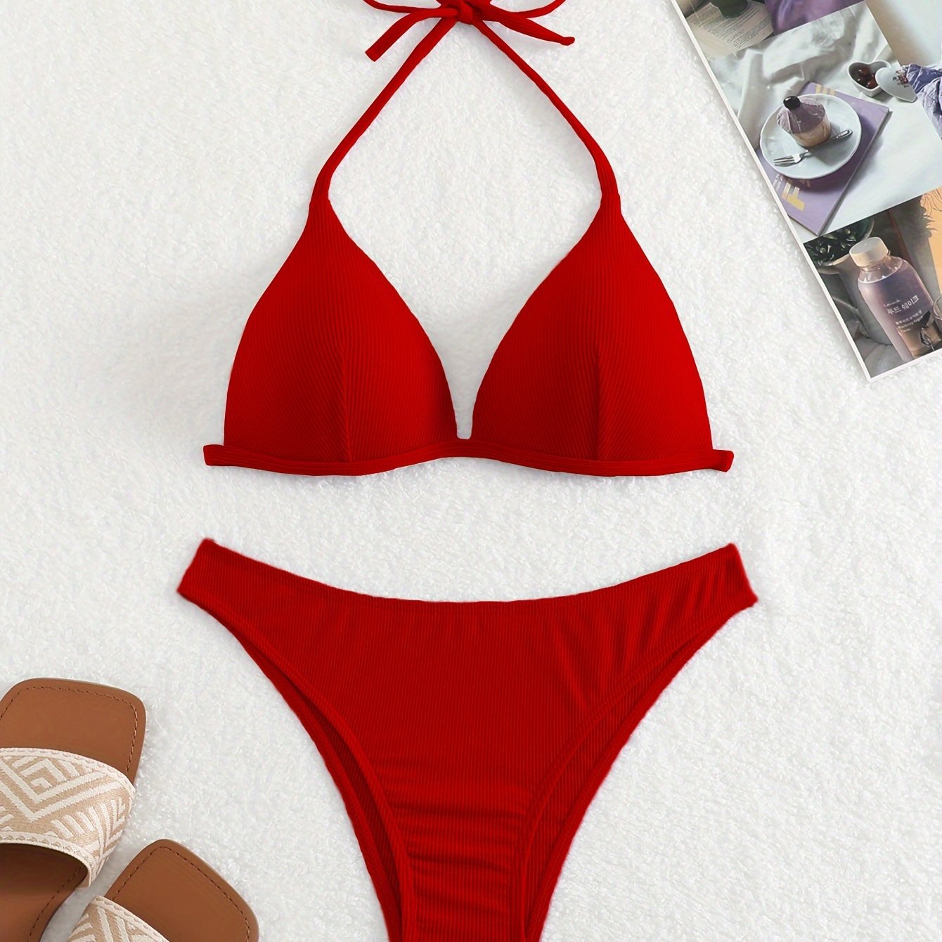 Solid Color Rib Knit 2 Piece Set Bikini, Triangle Halter Tie Back Stretchy Swimsuits, Women's Swimwear & Clothing