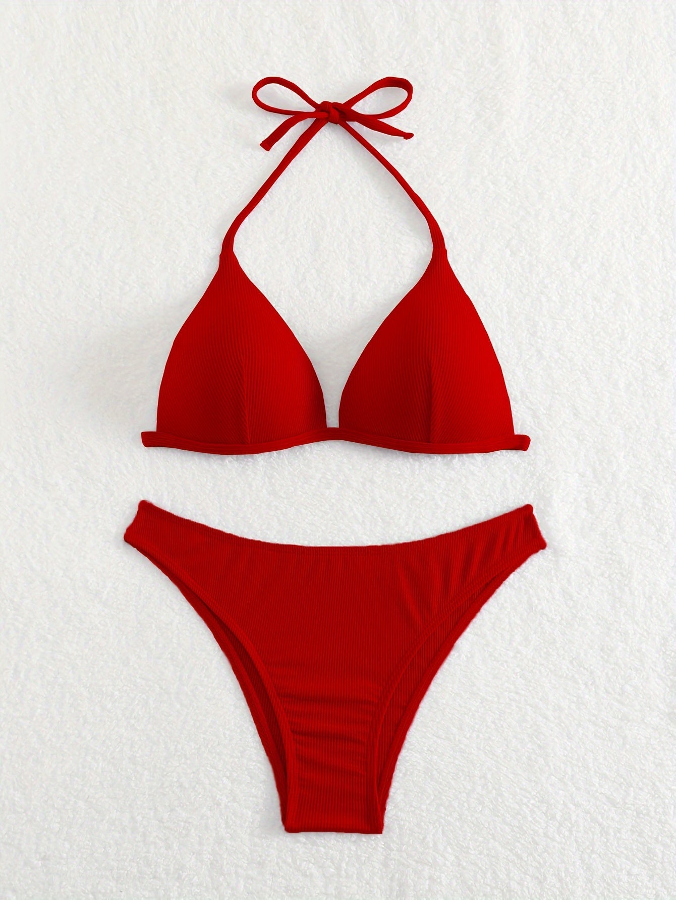 Solid Color Rib Knit 2 Piece Set Bikini, Triangle Halter Tie Back Stretchy Swimsuits, Women's Swimwear & Clothing