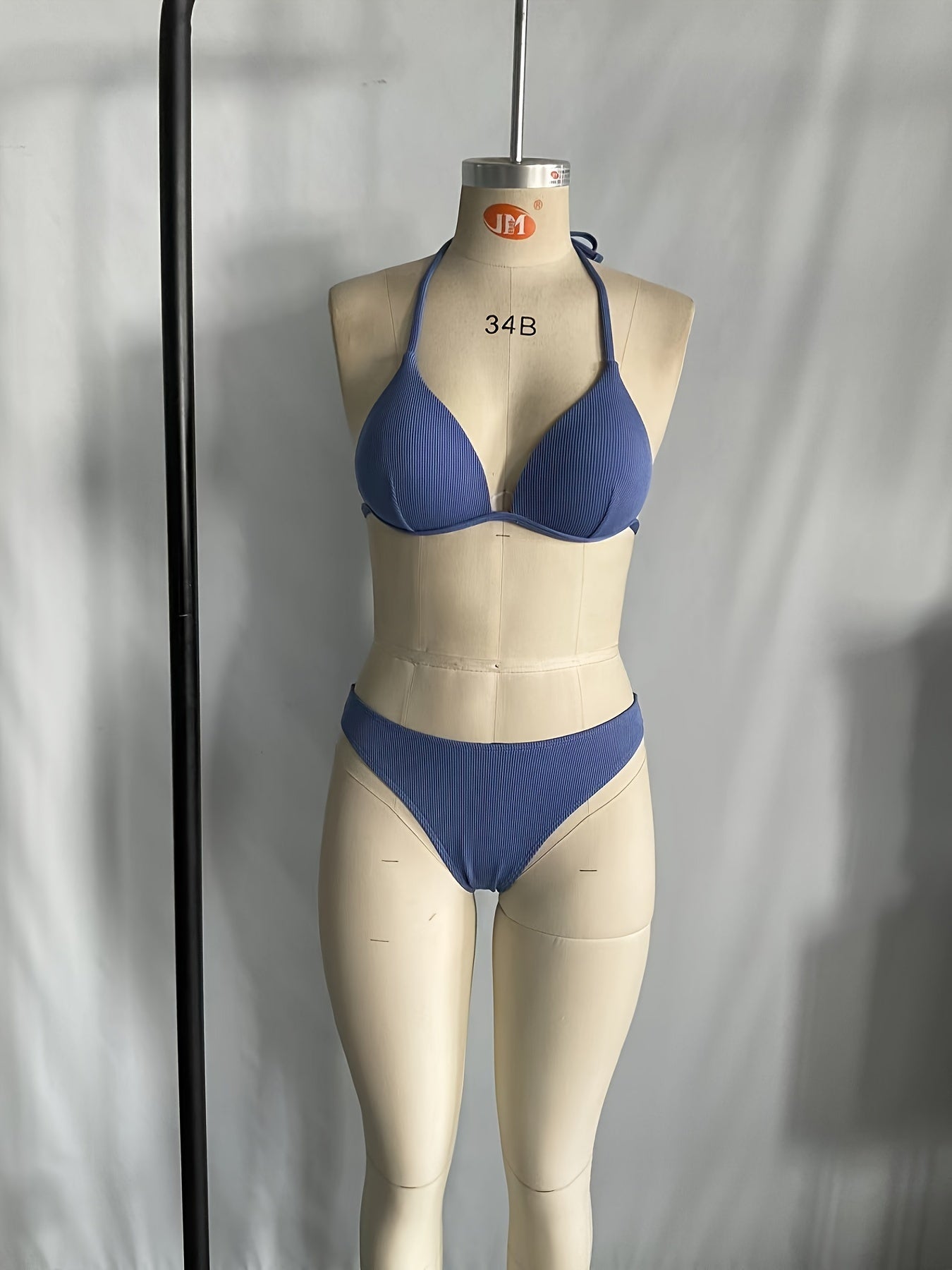 Solid Color Rib Knit 2 Piece Set Bikini, Triangle Halter Tie Back Stretchy Swimsuits, Women's Swimwear & Clothing