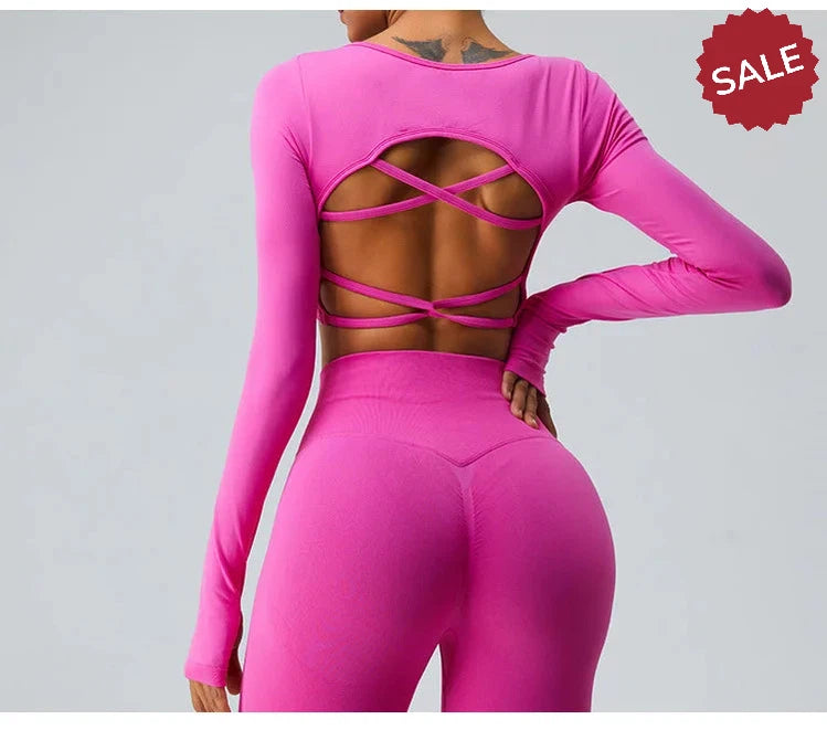 Backless Long Sleeve Seamless Gym Top for Women