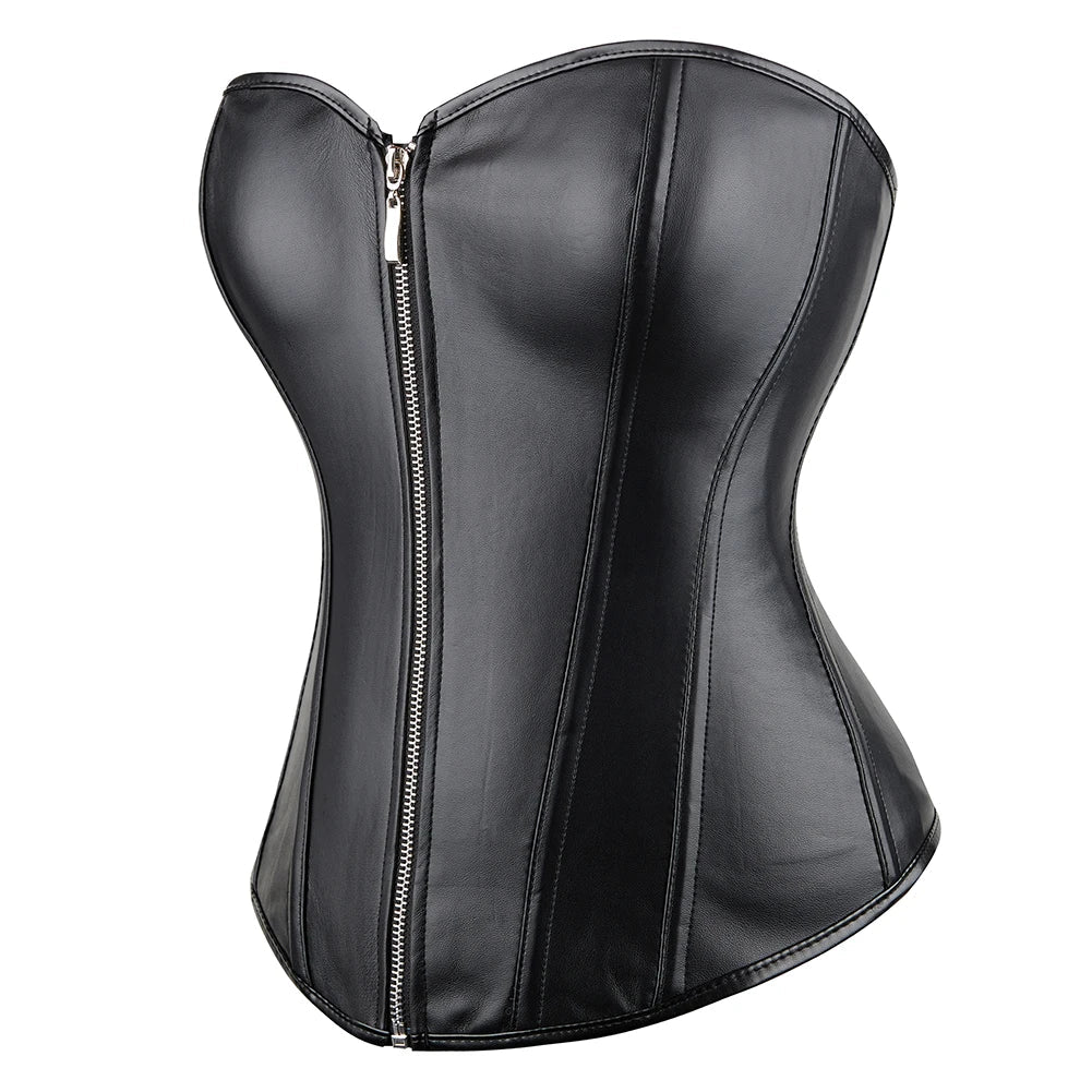 Black Faux Leather Bustier Corset with G-String