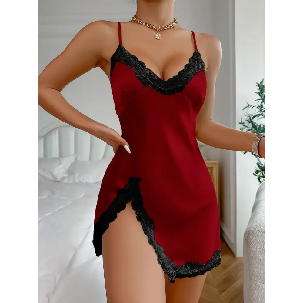 Contrast Lace Satin Nightdress – Deep V Backless Lace-Up Split Slip Sleep Dress