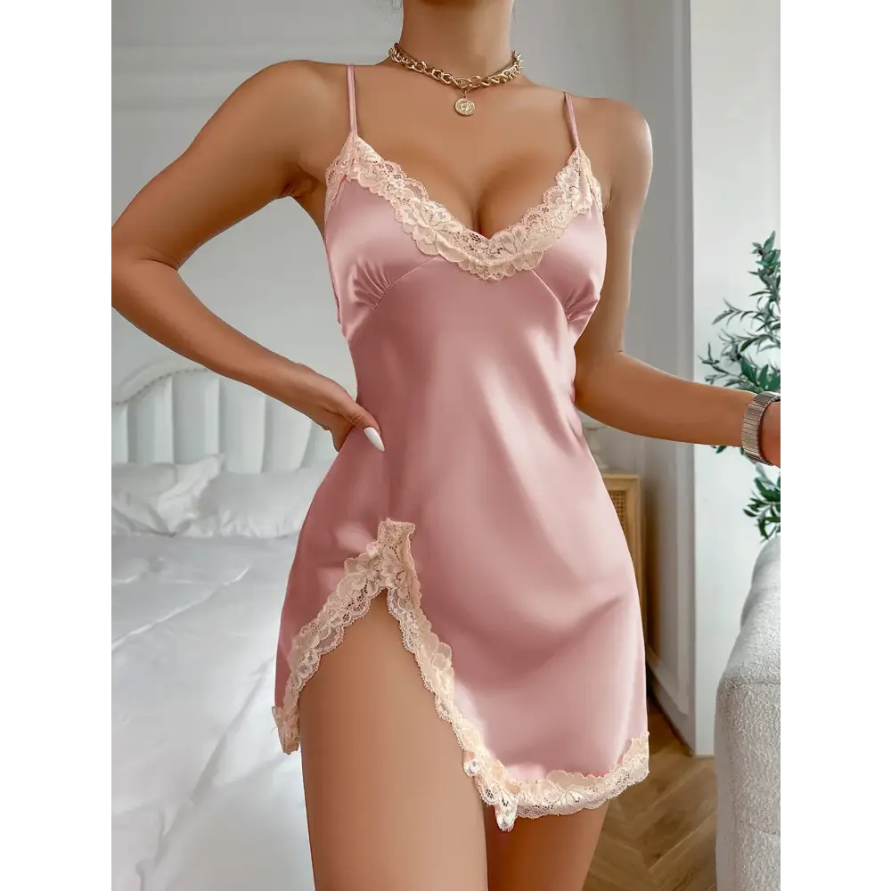 Contrast Lace Satin Nightdress – Deep V Backless Lace-Up Split Slip Sleep Dress