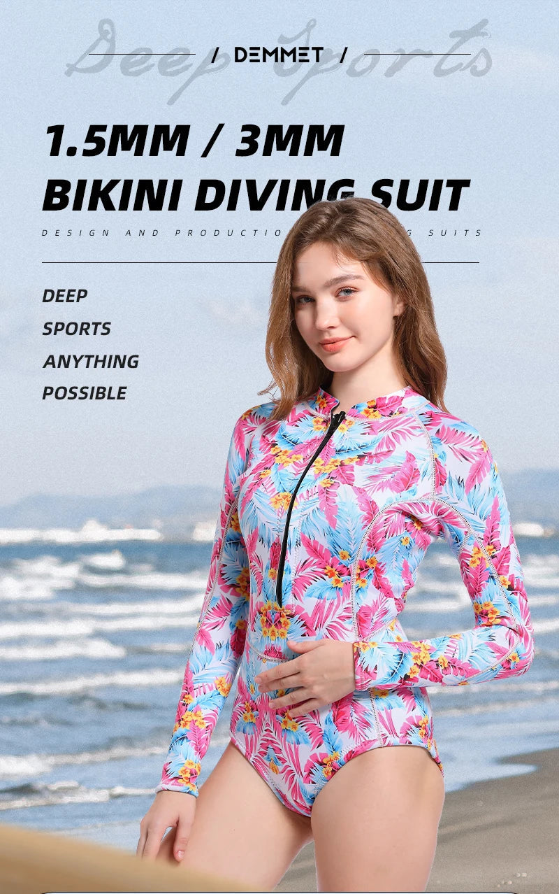 DEMMET Women’s 1.5MM/3MM Neoprene Diving Suit – Long Sleeve Bikini Swimsuit