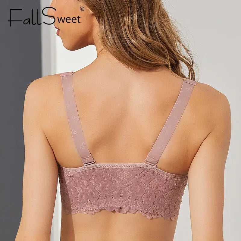 FallSweet Sexy Front Closure Plus Size Lace Wireless Push-Up Bra, Thin Lingerie