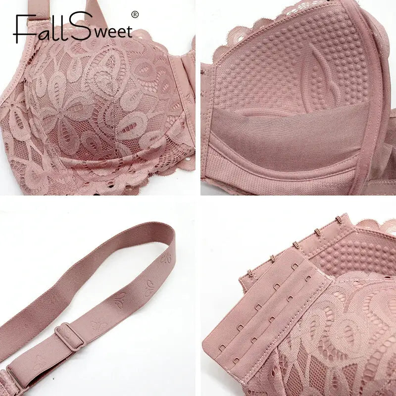 FallSweet Sexy Front Closure Plus Size Lace Wireless Push-Up Bra, Thin Lingerie