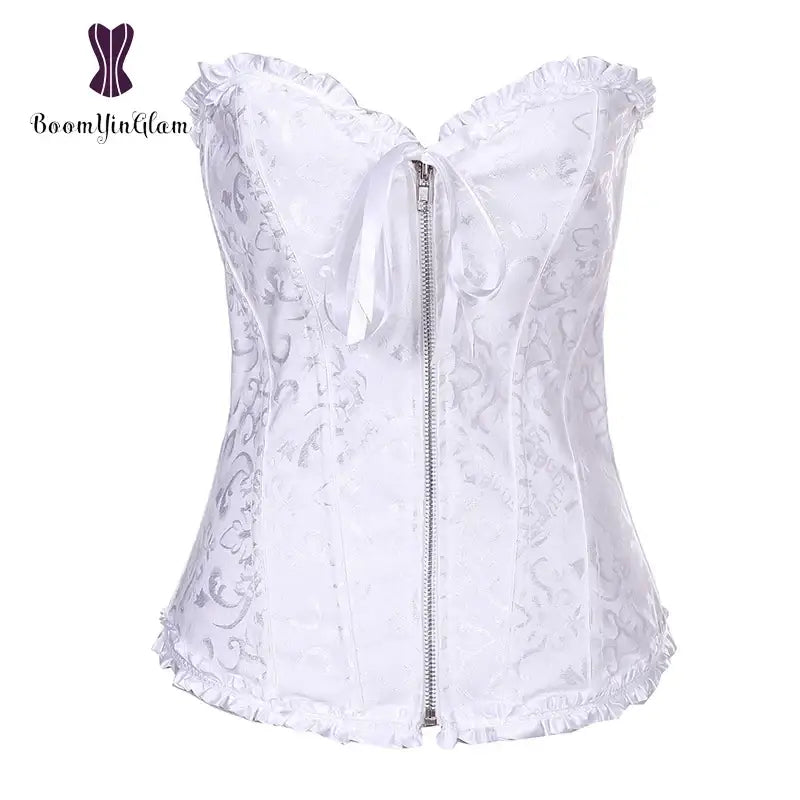 Front Zip Slimming Waist Shaper Lace-Up Bustier – Plus Size Overbust Corset with G-String