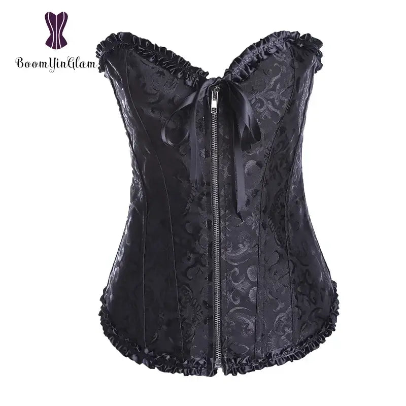 Front Zip Slimming Waist Shaper Lace-Up Bustier – Plus Size Overbust Corset with G-String
