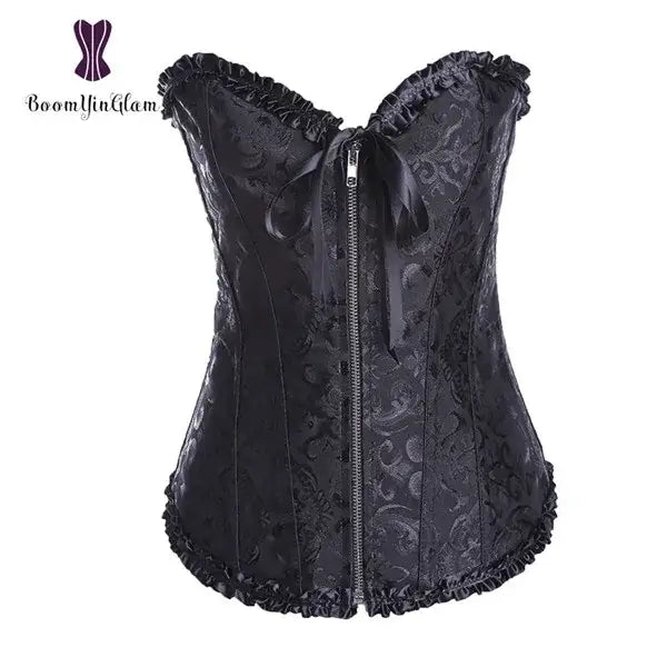Front Zip Slimming Waist Shaper Lace-Up Bustier – Plus Size Overbust Corset with G-String