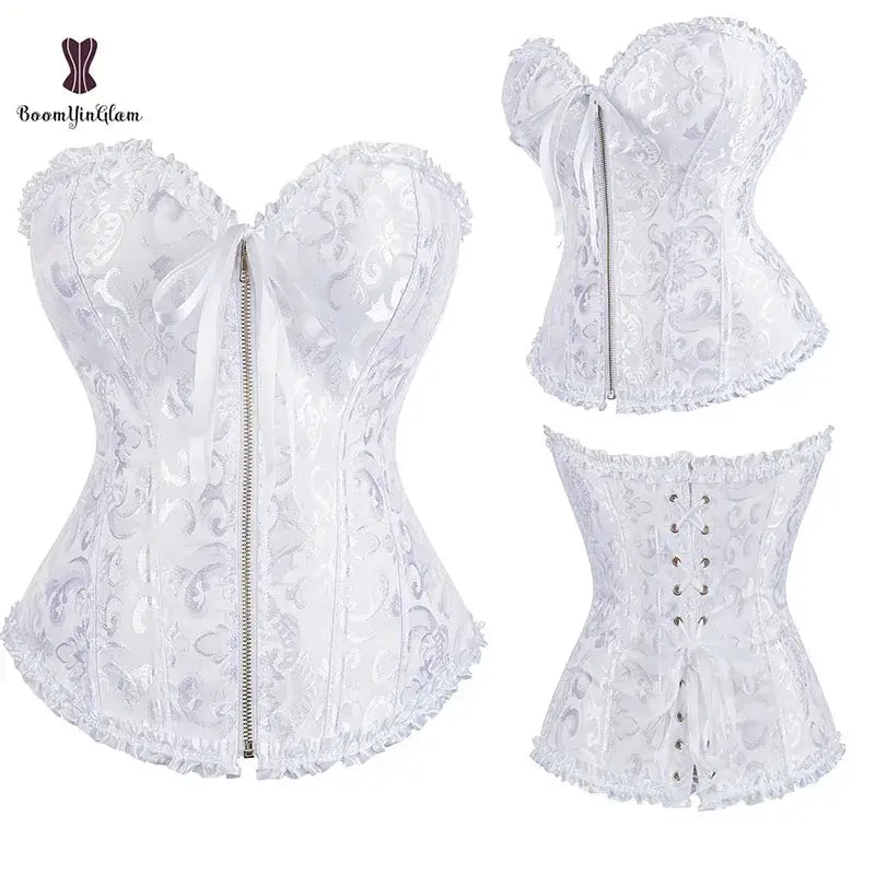 Front Zip Slimming Waist Shaper Lace-Up Bustier – Plus Size Overbust Corset with G-String