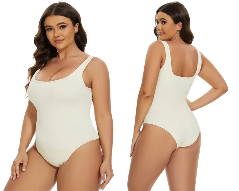 GUUDIA Ribbed Tummy Control Jumpsuit – Daily Shaper Bodysuit with Open Crotch