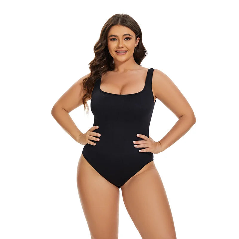 GUUDIA Ribbed Tummy Control Jumpsuit – Daily Shaper Bodysuit with Open Crotch